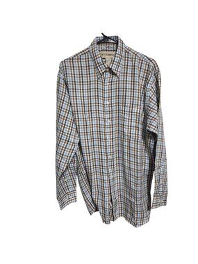 Wilderness Plaid Button Up Shirt Size Large Blue Brown Long Sleeve 100% Cotton